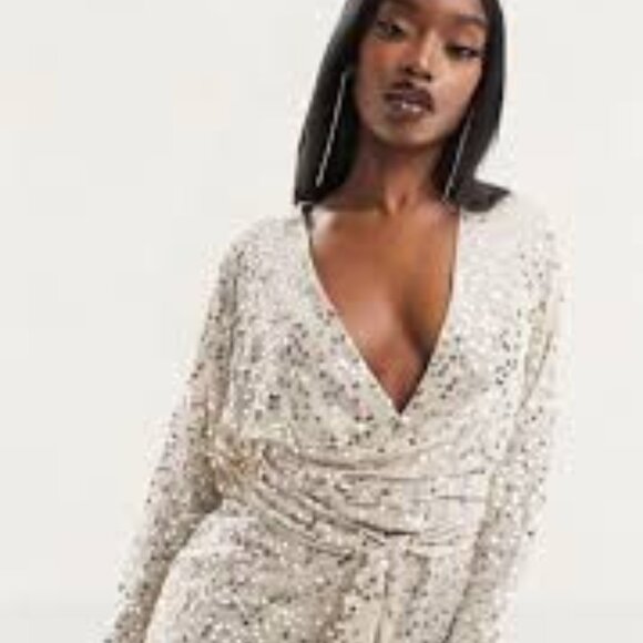 Nwt ASOS DESIGN Gold Scatter Sequin Batwing Sleeve Wrap Midi Dress Size 10 - Picture 4 of 14